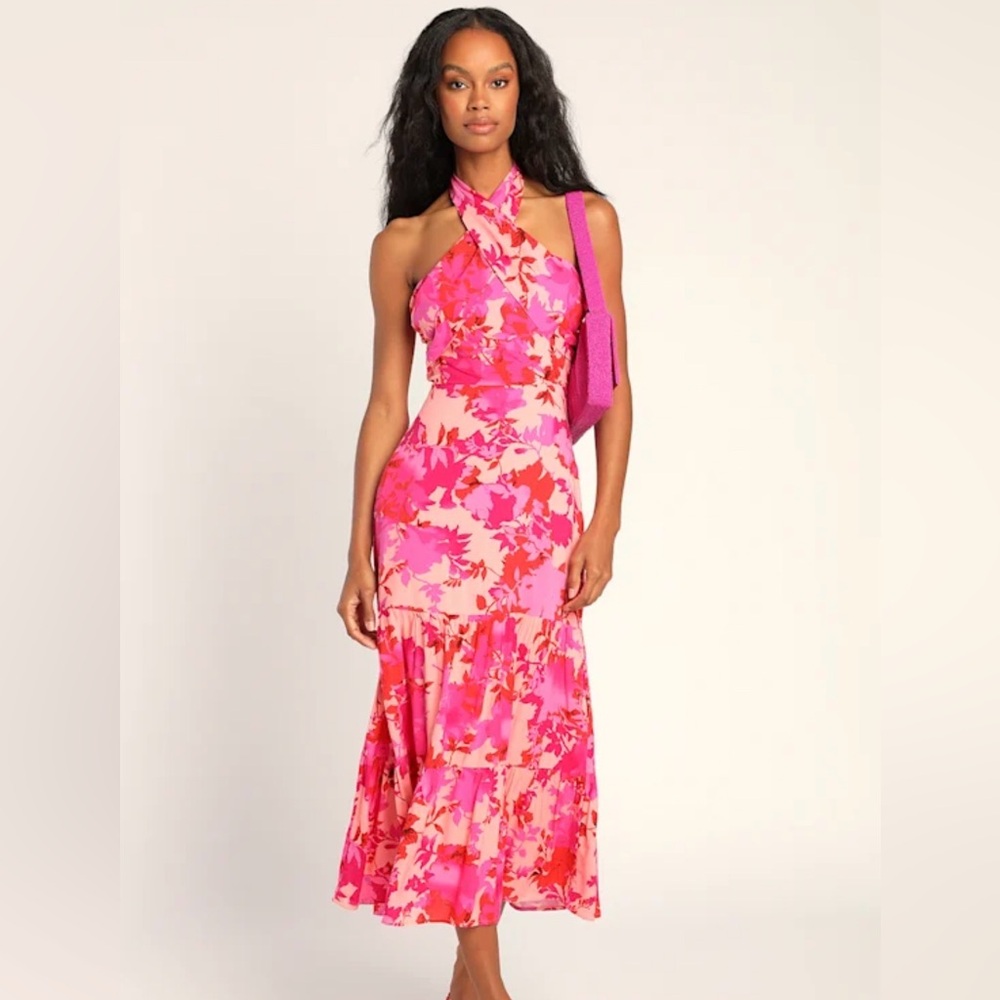 Always Eye-Catching Hot Pink Floral Tiered Halter Midi Dress